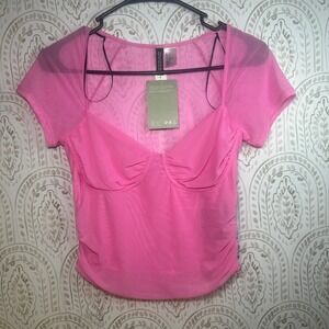 H M Divided Pink Sheer Mesh Bustier Crop Top Short Sleeve Ruched Size S